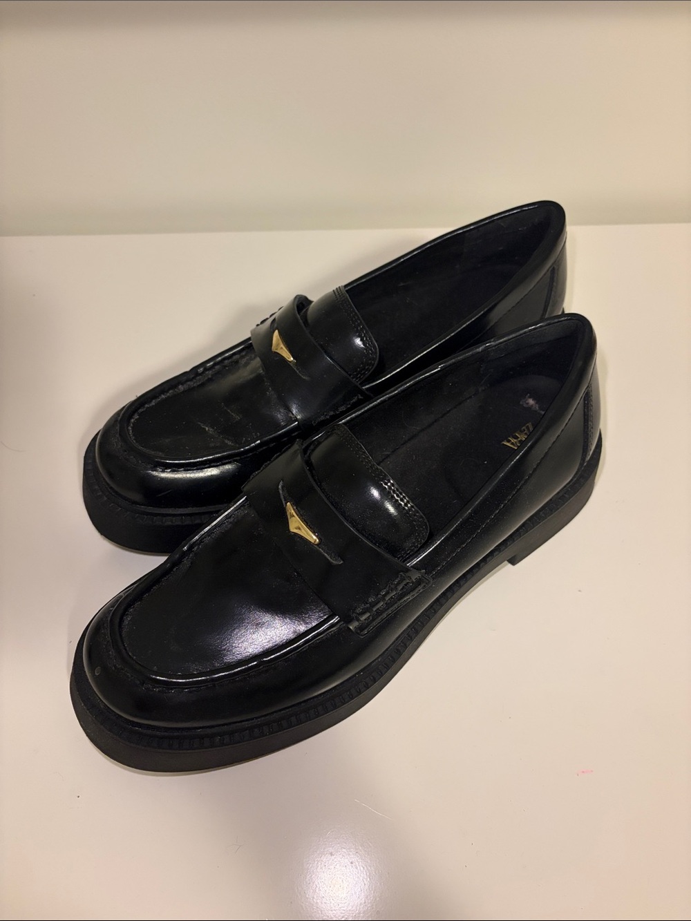 Zara Black Leather Loafers with Gold Accent